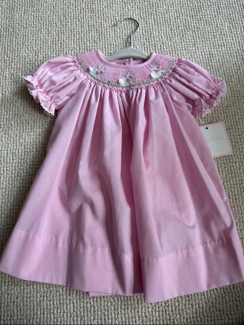 Petit Bebe Smocked Pink Baby Dress for Easter with bunny Embroidery 9 months